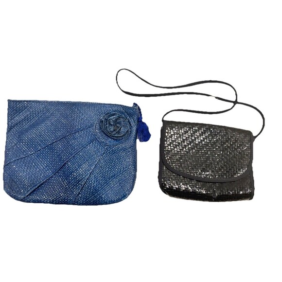 Lot of 2 Vintage Woven Bags VALERIE Blue Clutch W/Flower & ITALY Black Crossbody - Picture 1 of 10